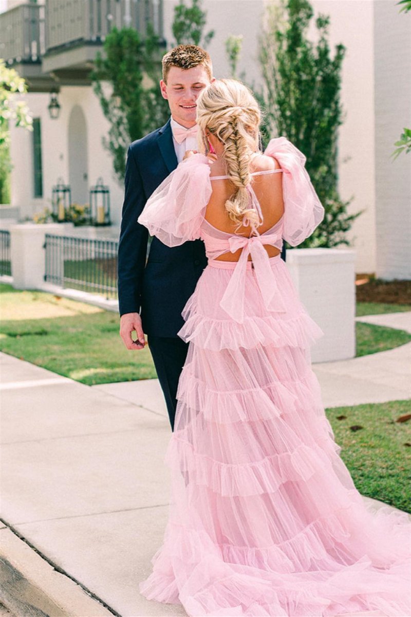 Rosalina Pink A Line Tow Piece Multi Tiered Tulle Prom Dress with Slit