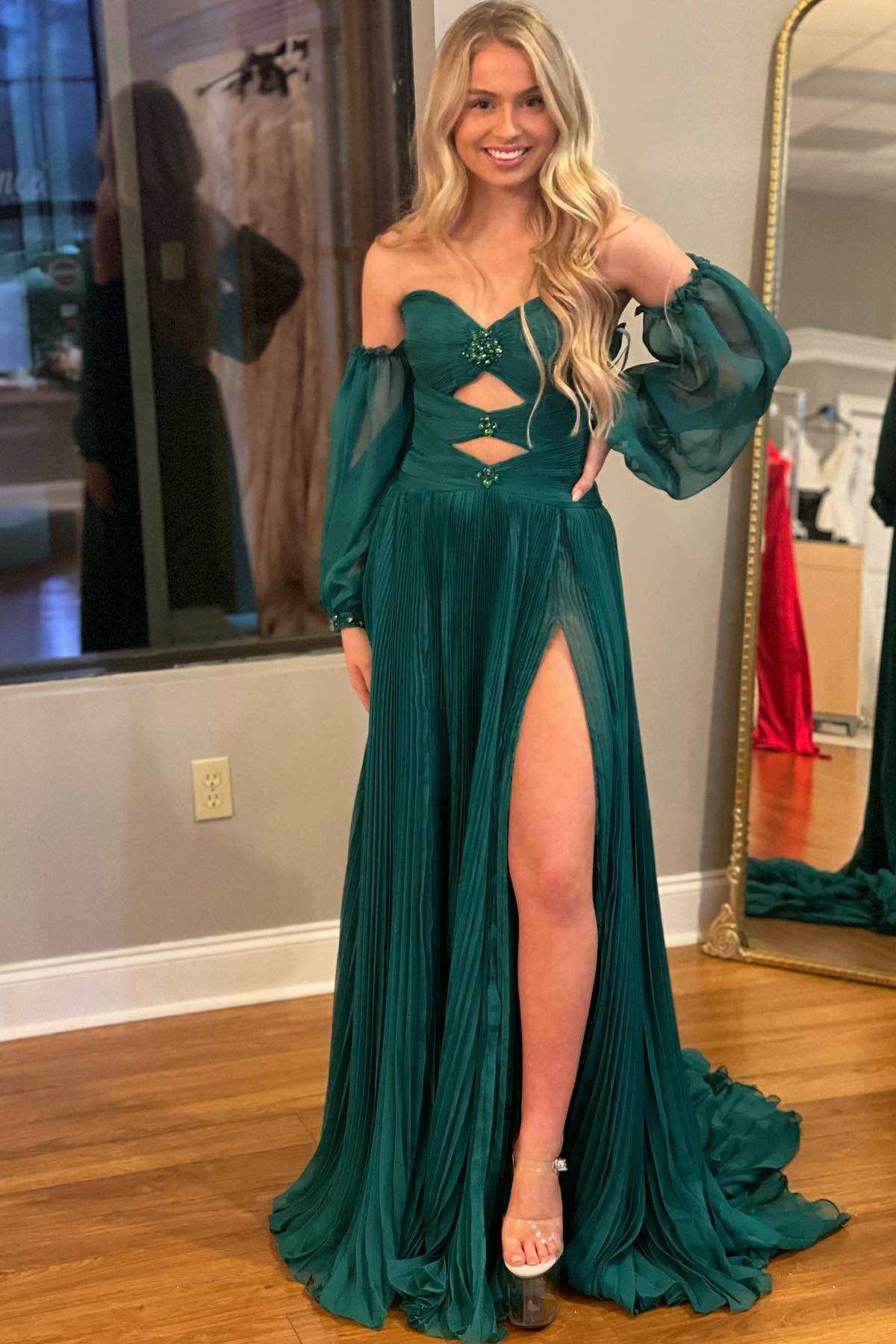 Ana | Hunter Green Rhinestones Strapless A-Line Prom Dress with Sleeves