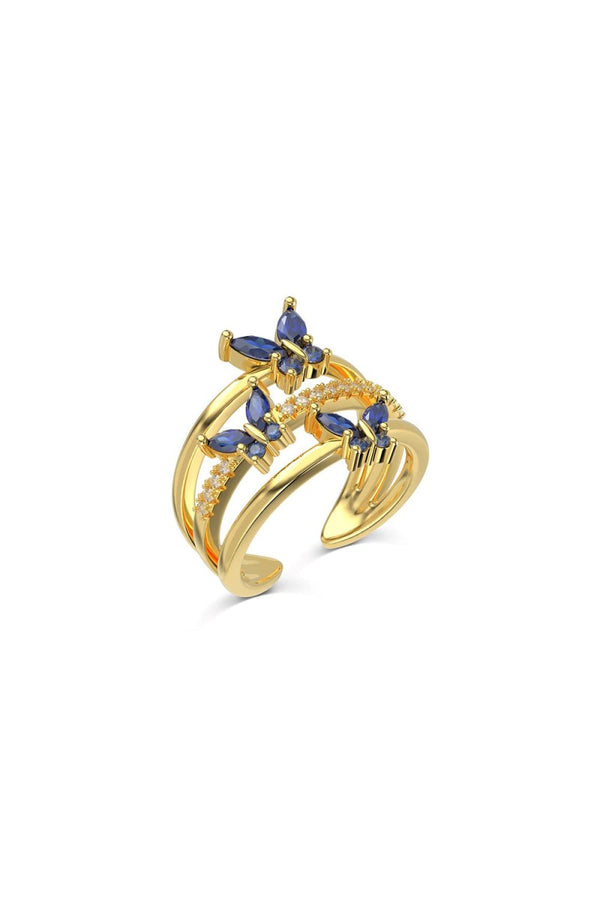 18k Gold Plated Butterfly Adjustable Triple Wrap Open Ring