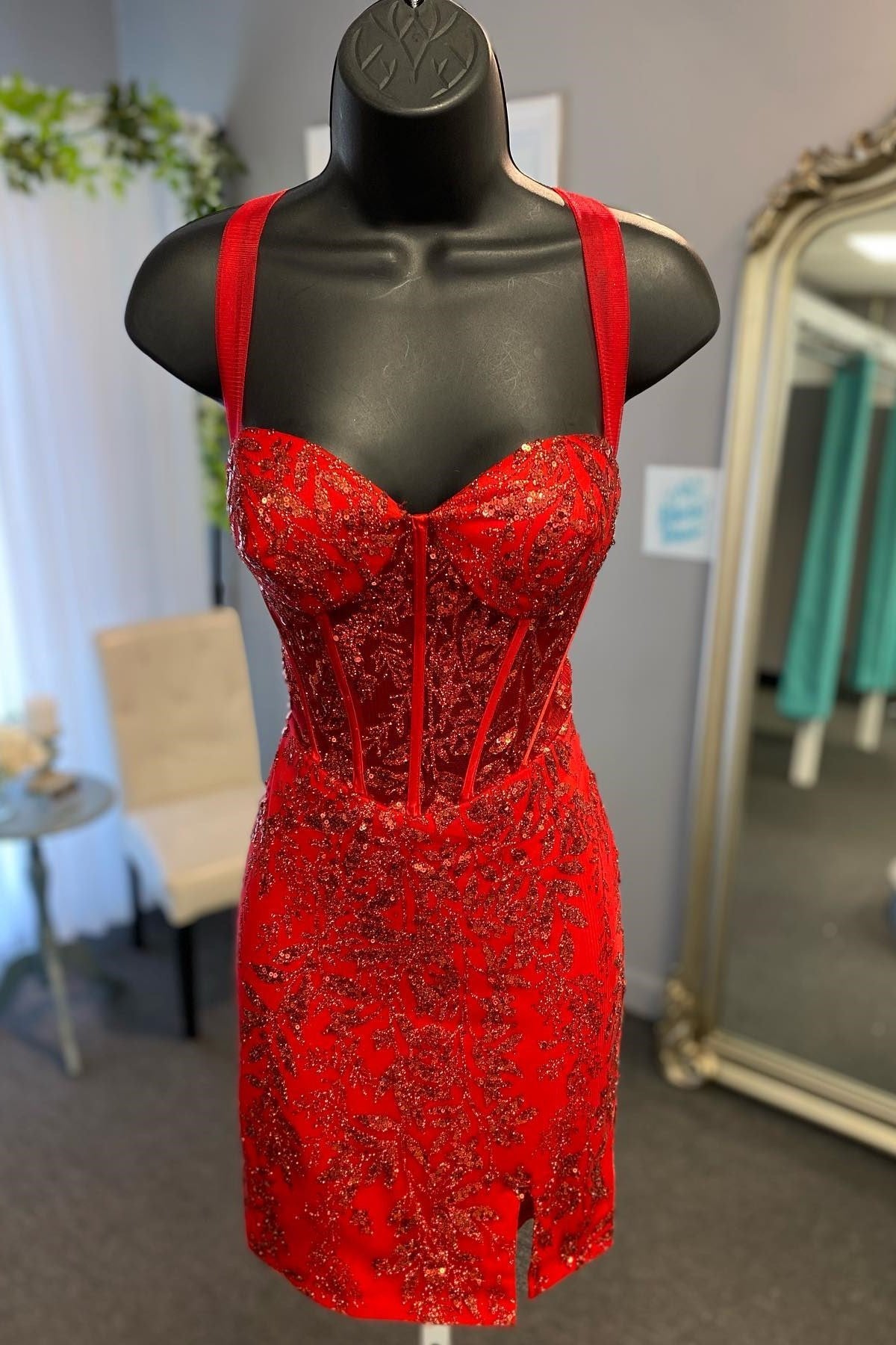 Myra | Red Sequin Lace Sweetheart Bodycon Short Dress