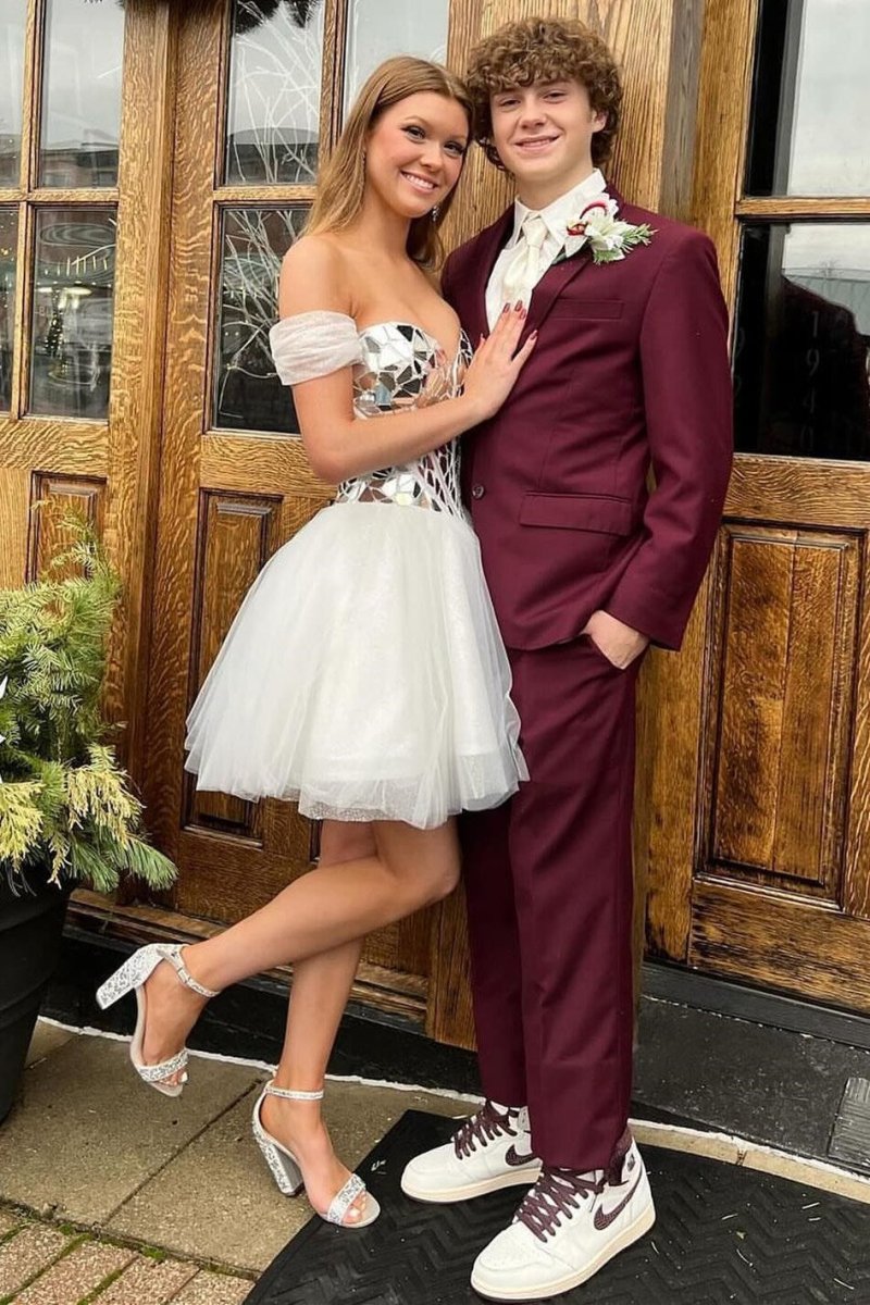 White Off-the-Shoulder Short Party Dress with Cut Glass Mirrors