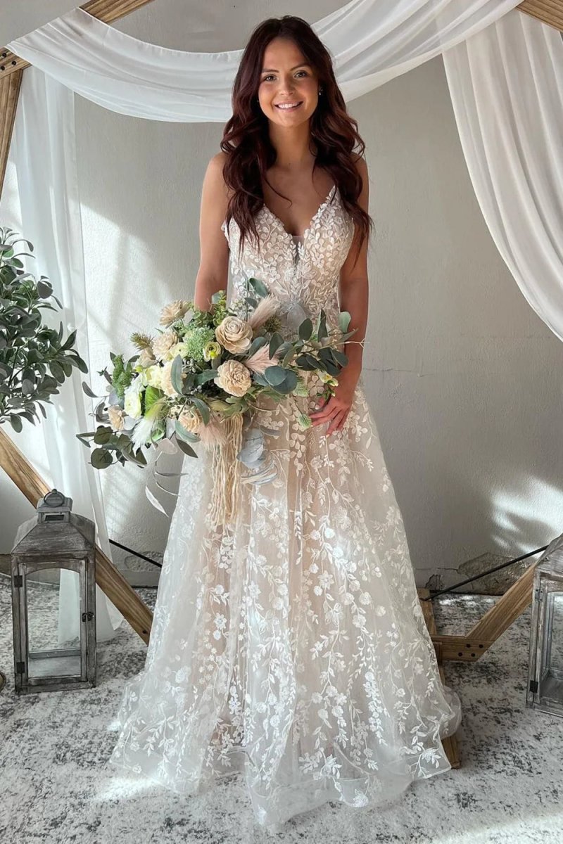 Exquisite A-Line V Neck Lace Boho Wedding Dresses – KissProm