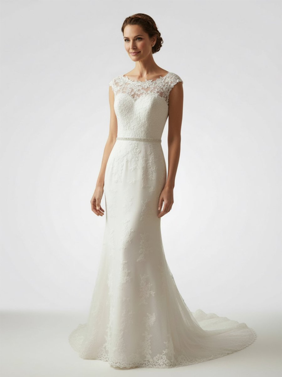 Bateau Neck Cap Sleeve Fit and Flare Lace Wedding Dress - KissProm