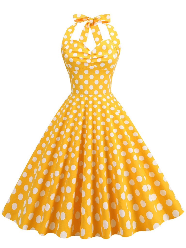 Red Polka Dots Halter Classis Style 1950S Dress Yellow / M