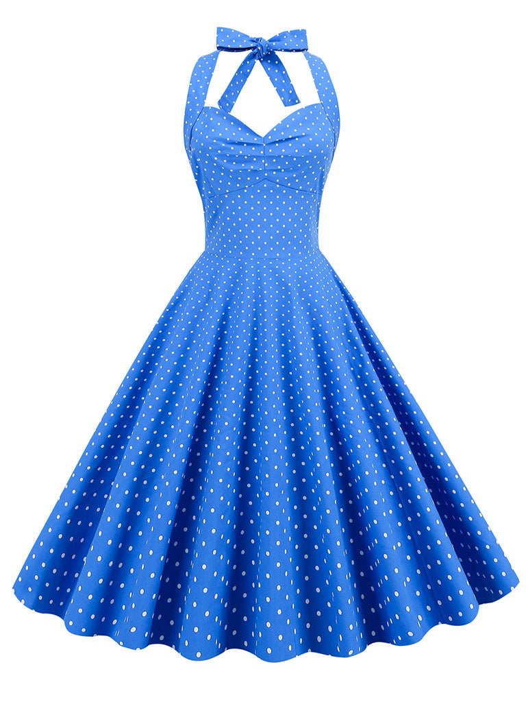 Red Polka Dots Halter Classis Style 1950S Dress Lake Blue / M