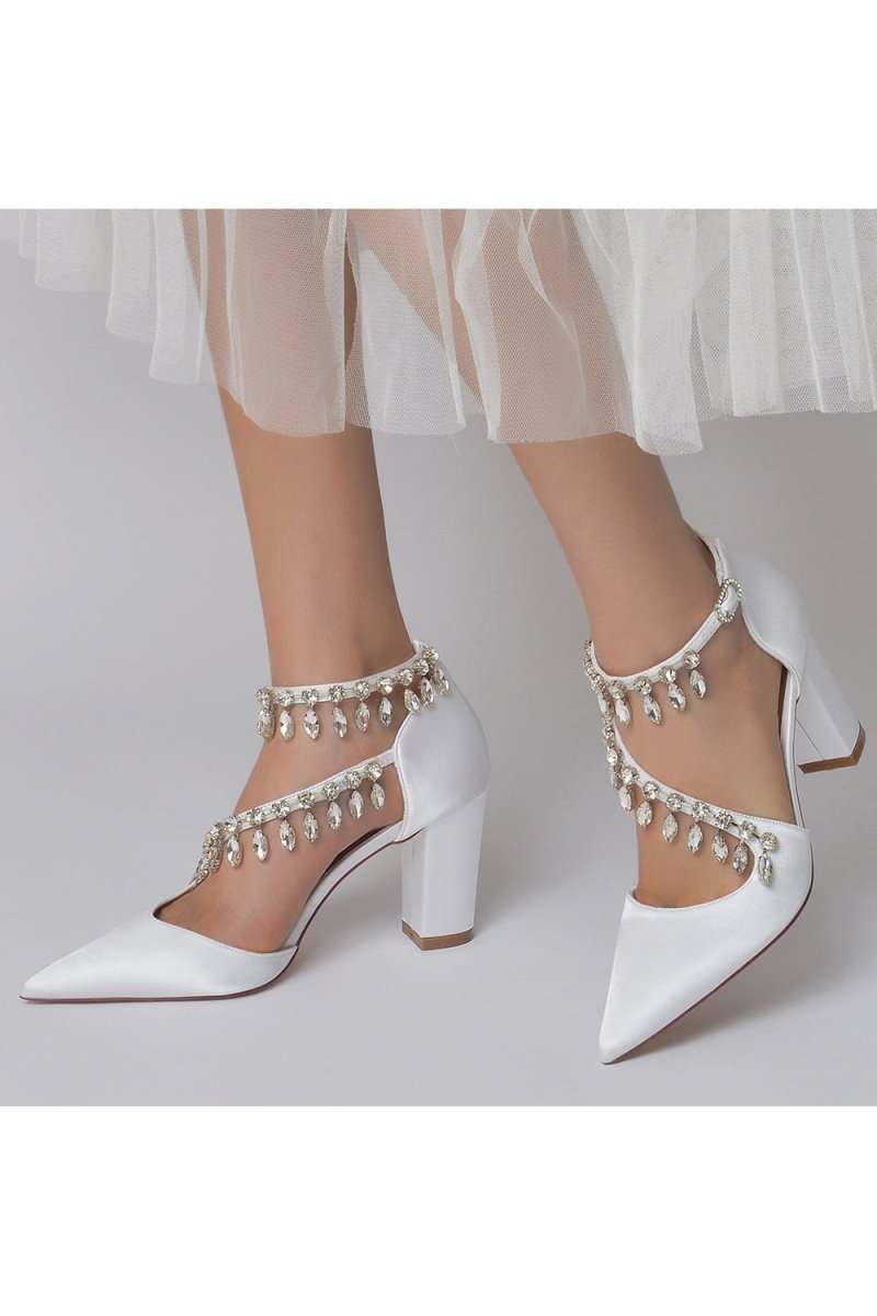 White High Heels with Chain and Crystal Accent - KissProm