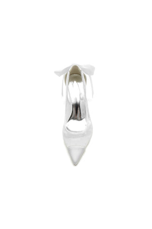White Mesh Pump with Elegant Bow Detail and Transparent Overlay - KissProm