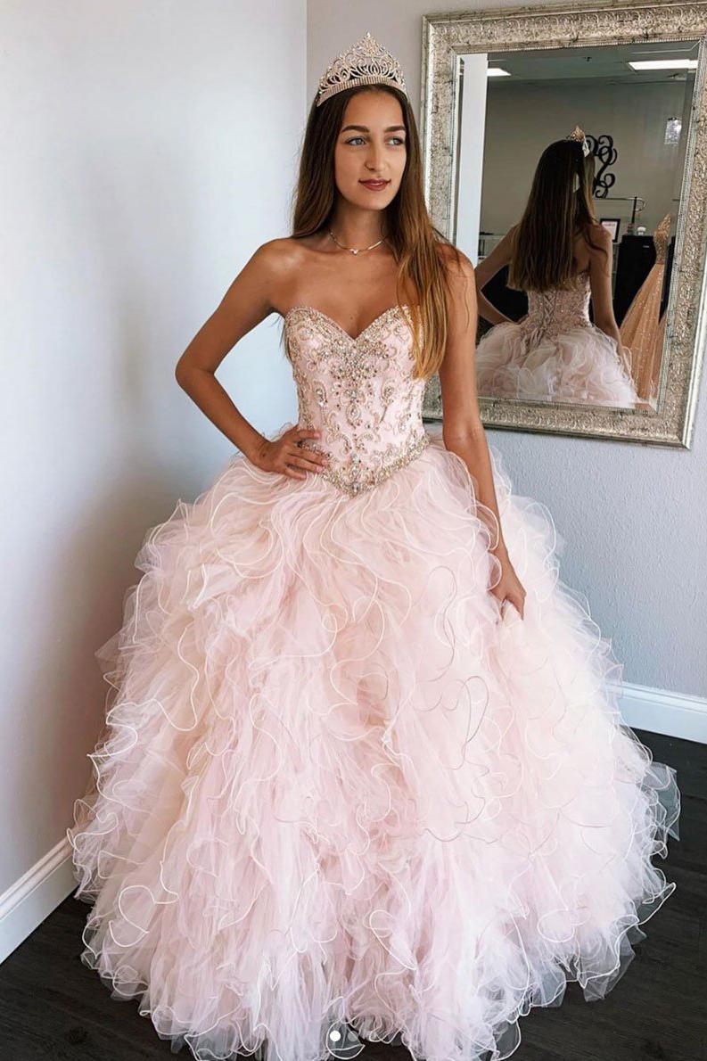 Pink Sweetheart Sleeveless Tulle Prom Dresses - KissProm
