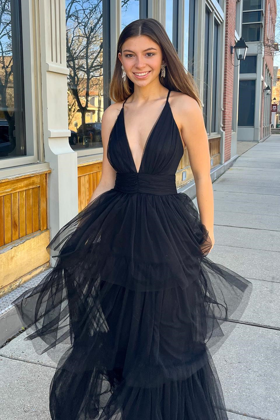 Adalyn | Black A-line Deep V Neck Cross Back Tulle Multi-Layers Long Prom Dress
