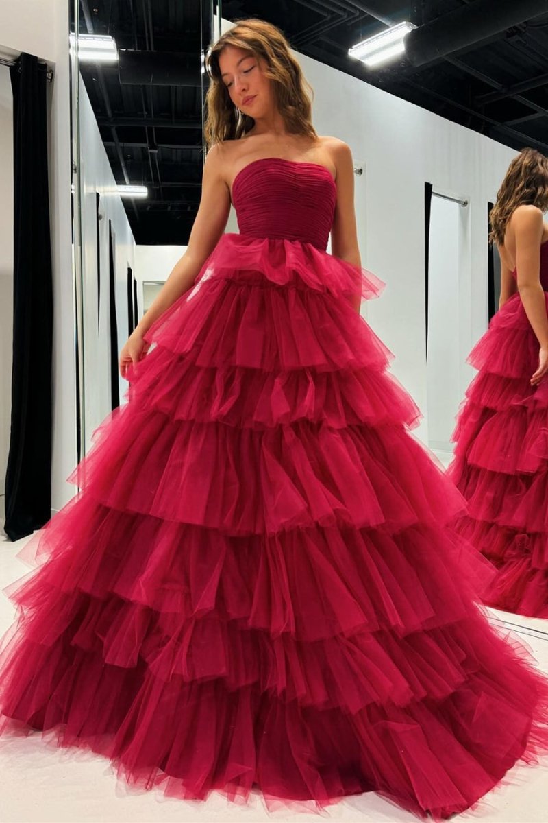 Daleyza |A-Line Strapless Tiered Tulle Prom Dress with Ruffles