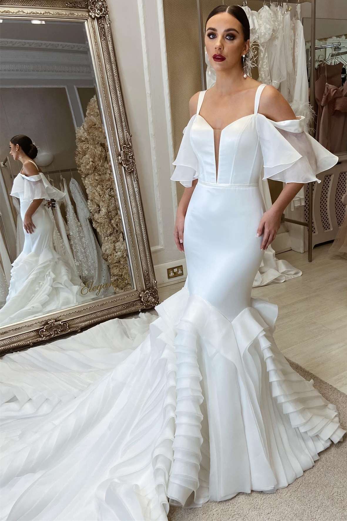 Loretta | White Cold-Shoulder Ruffles Trumpet Long Wedding Dress