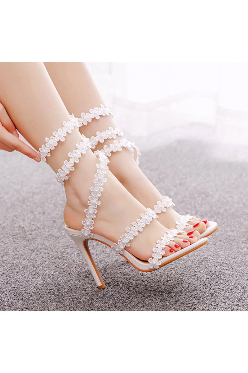 White Flower Ankle Wrap Strap Open Toe Ultra High Heels - KissProm