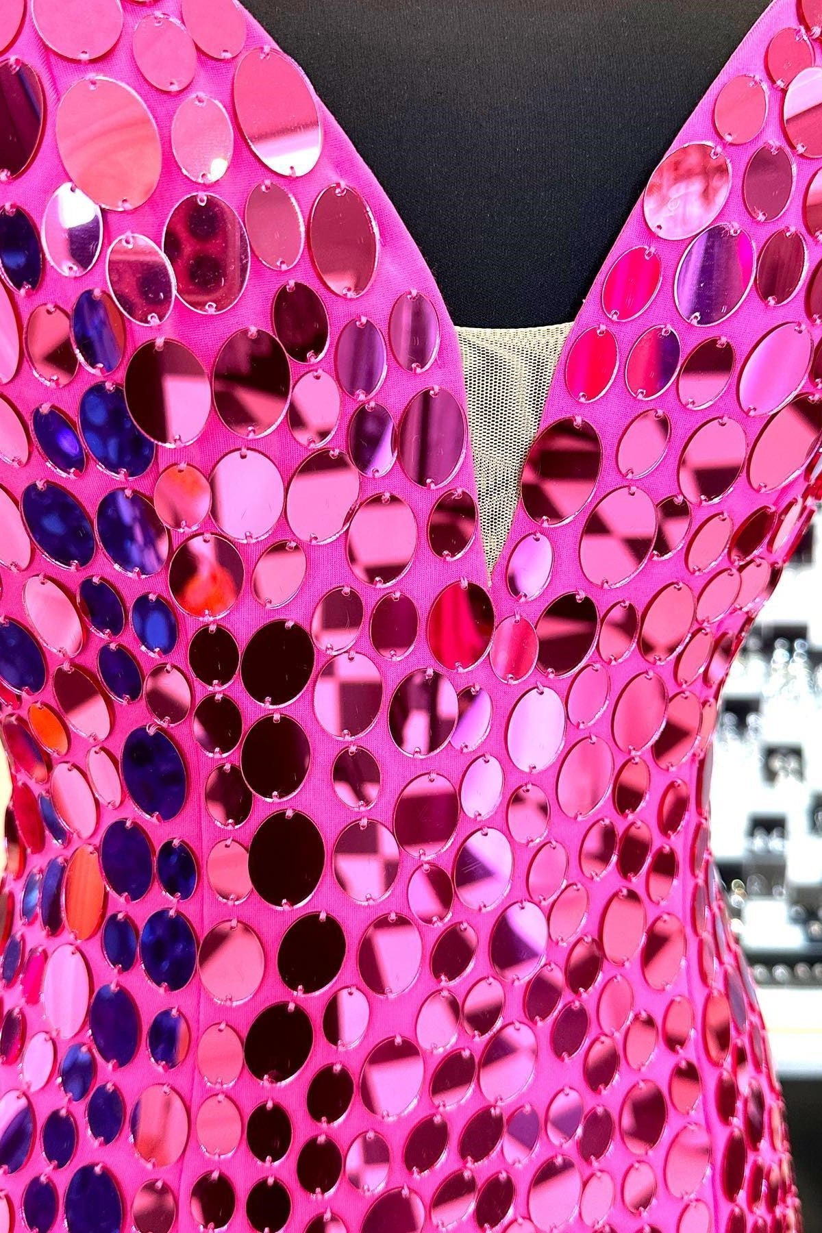 Pink Oval Glass Mirror V-Neck Long Prom Dress with Slit