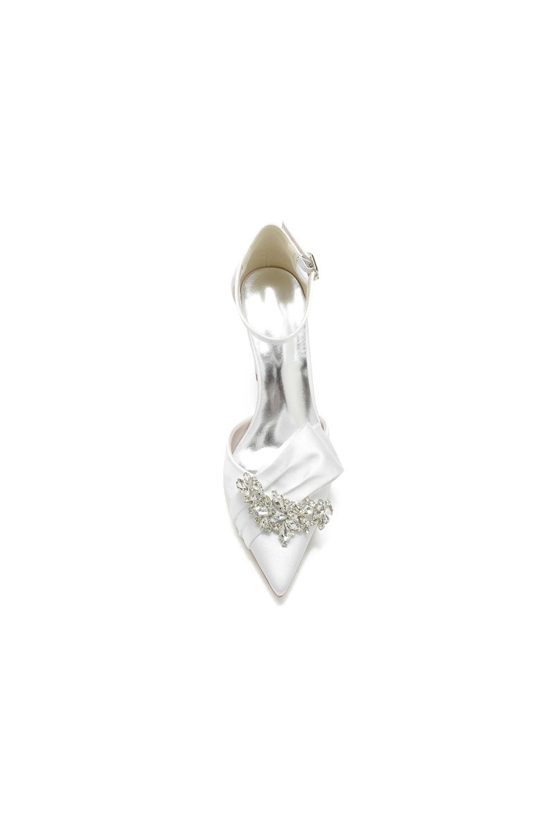 White Satin Heels Featuring a Large Decorative Bow and Metallic Heel - KissProm