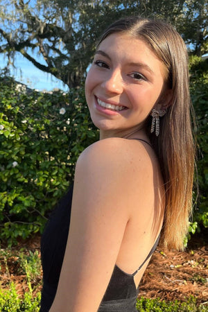 Adalyn | Black A-line Deep V Neck Cross Back Tulle Multi-Layers Long Prom Dress