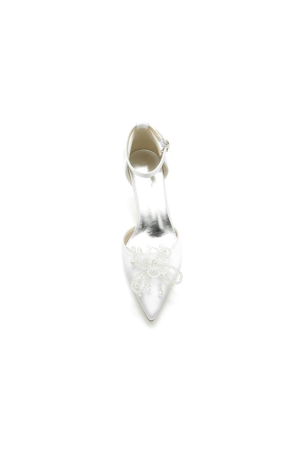 Floral Pointed Toe Beading Kitten Heels - KissProm