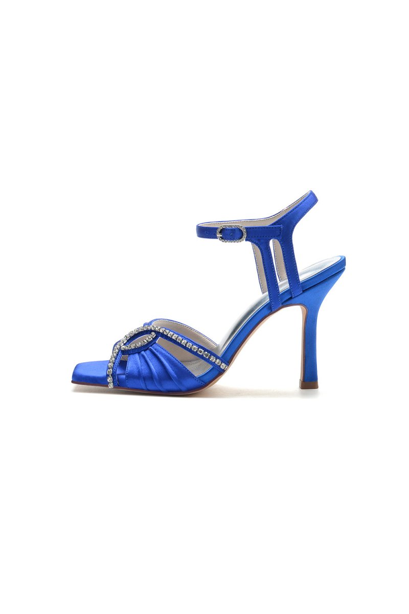 Royal Blue Satin Heels with Rhinestone Detailing - KissProm