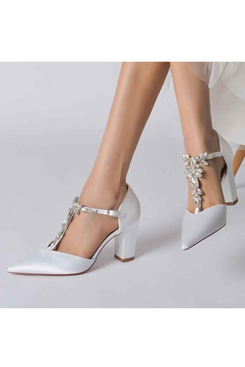 Chic Rhinestone Pointed Toe Ankle Strap Buckle Chunky Heel - KissProm