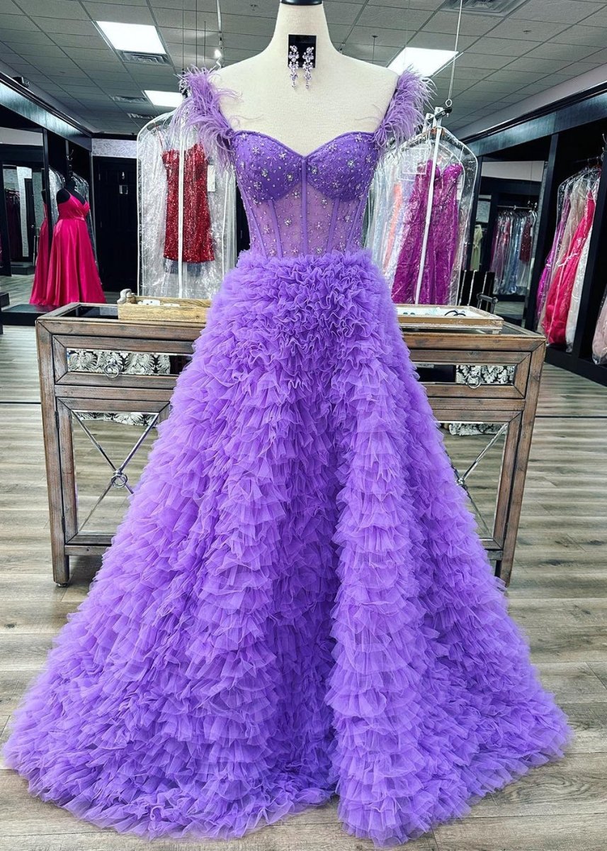 open lace back dress A Line Sweetheart Tiered Tulle Long Prom Dress with Slit, Red / 12