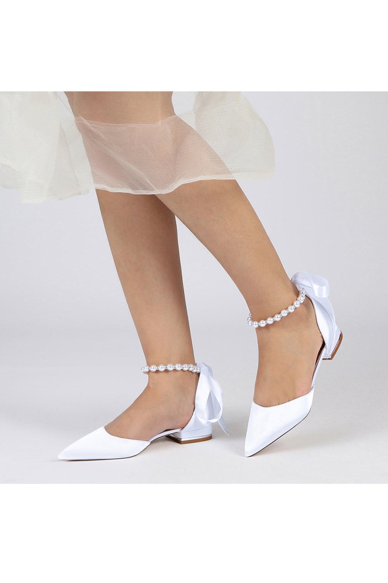 Pearl Ribbon Pointed Toe Ankle Strap Kitten Heels - KissProm