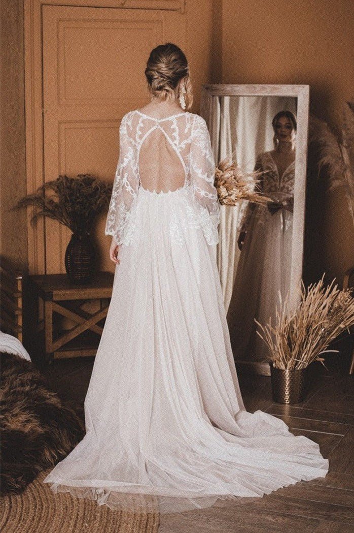 A-Line Lace Top Flare Sleeves Open Back Wedding Dress A-Line Lace Top Flare Sleeves Open Back Wedding Dress
