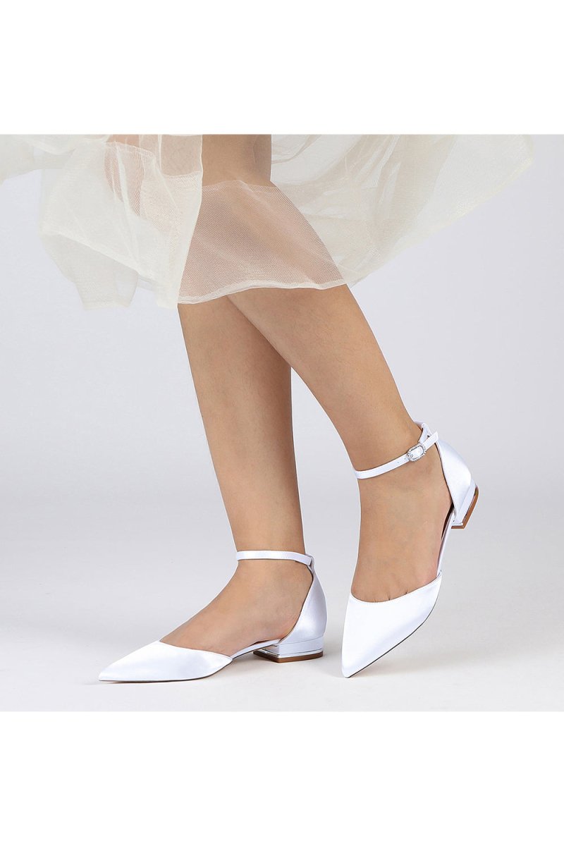Satin Pointed Toe Ankle Strap Kitten Heels - KissProm