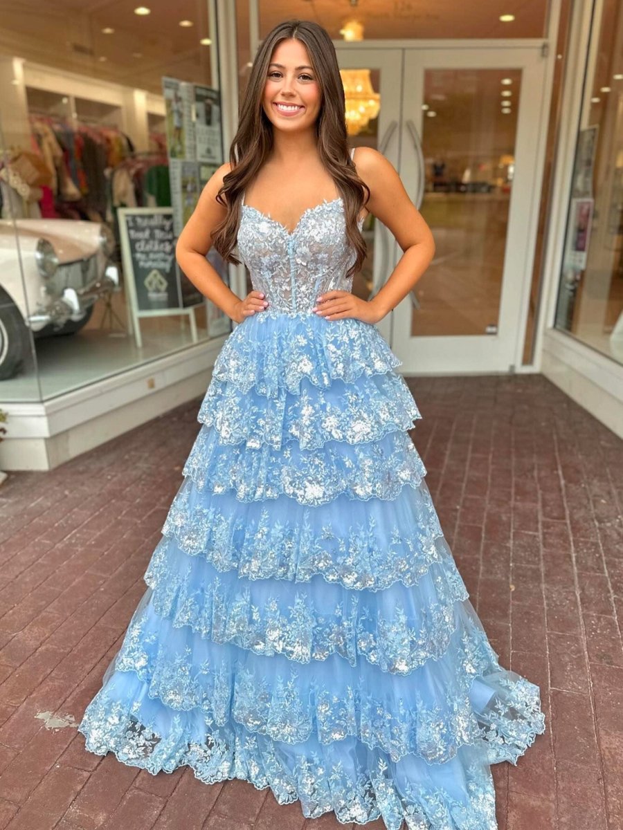 A Line Spaghetti Straps Tiered Lace Prom Dress, Sky Blue / 18 A Line Spaghetti Straps Tiered Lace Prom Dress, Sky Blue / 18