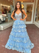 Maryam |A Line Spaghetti Straps Tiered Lace Prom Dress