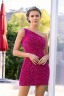 Blue Bodycon One Shoulder Sequins Mini Party Dresses