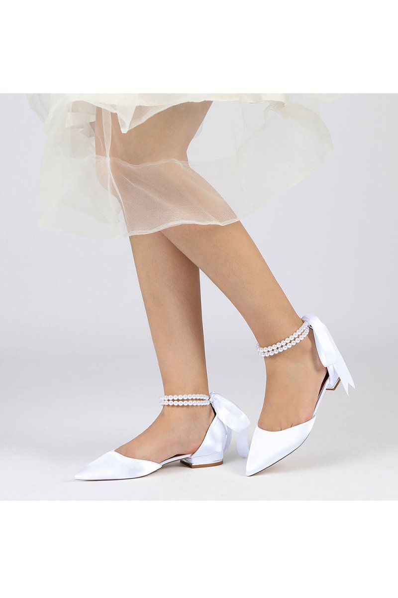 Pointed Toe Pearl Ribbon Ankle Strap Kitten Heels - KissProm