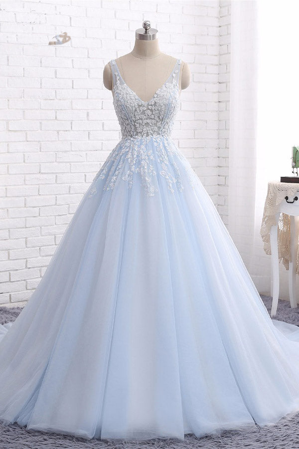 Quinceanera Dress Ball Gown Chapel Train V Neck Sleeveless Backless Appliques Prom Dresses