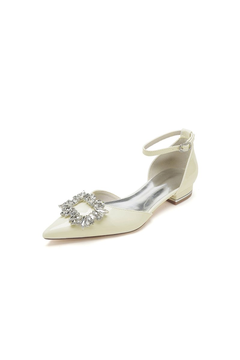 Pointed Toe Patent Leather Flats with Crystal Embellishment - KissProm