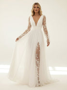 Long Sleeve Boho Flowy Wedding Dress Lace A-Line V-Neck Beach Gown with Split Front and Sweep Train