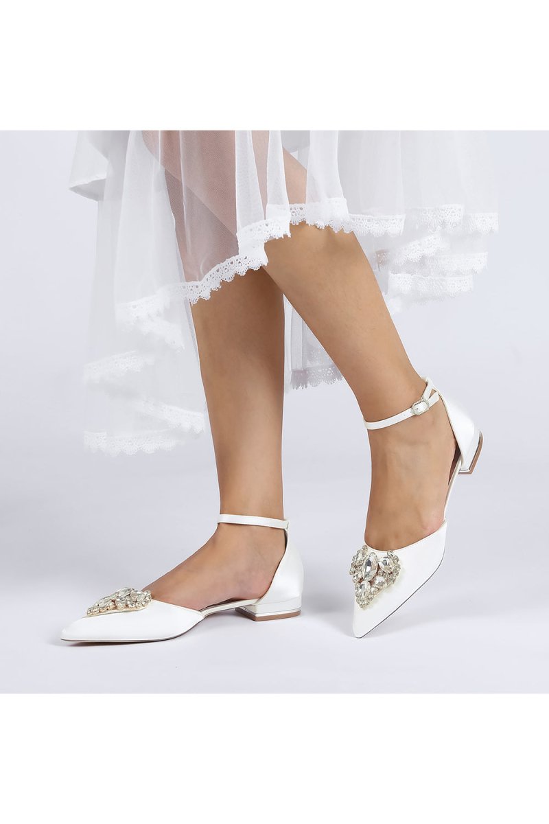 Satin Pointed Toe Ankle Strap Rhinestone Kitten Heels - KissProm