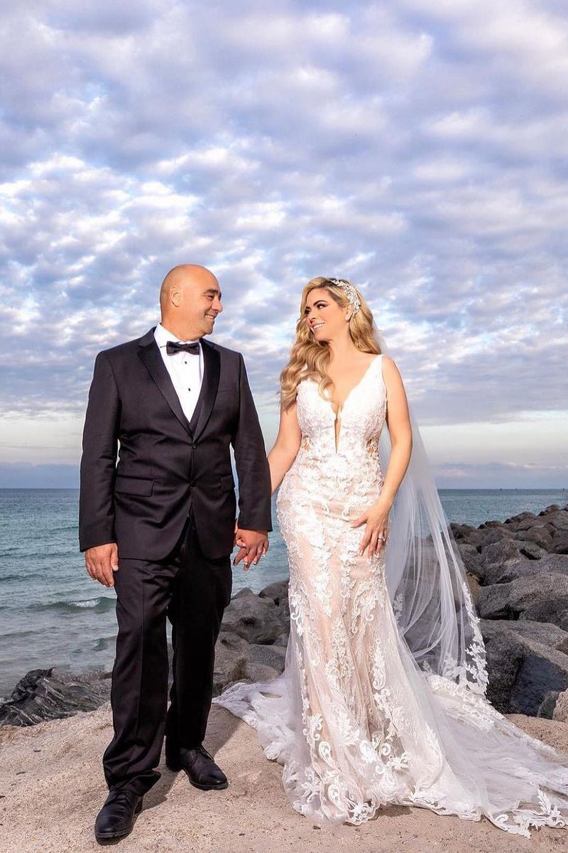 Mermaid V Neck Tulle Wedding Dresses with Train - KissProm