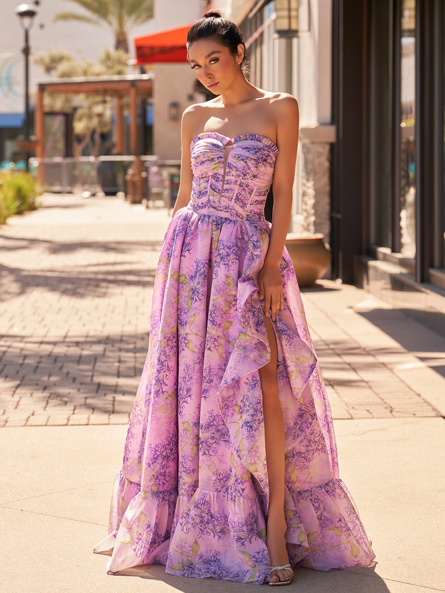 Lilac A-Line Corset Detachable Sweetheart Floral Long Prom Dress