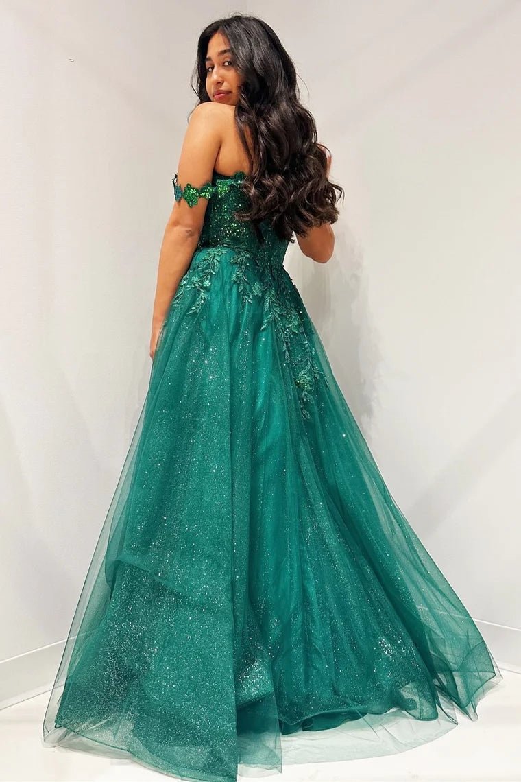 Glitter Emerald Appliques Off-the-Shoulder A-Line Long Prom Dress Emerald / 00 Glitter Emerald Appliques Off-the-Shoulder A-Line Long Prom Dress Emerald / 00