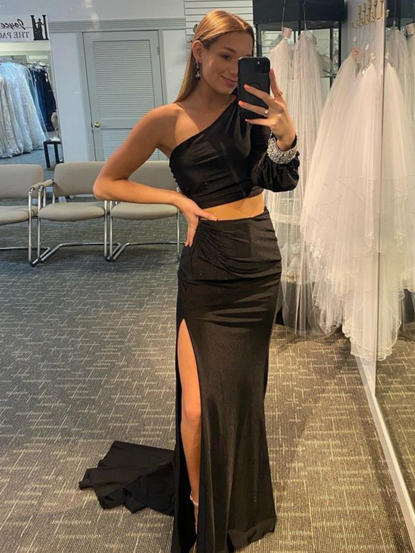 Satin Mermaid One Shoulder Two Pieces Set Black Long Prom Dress
