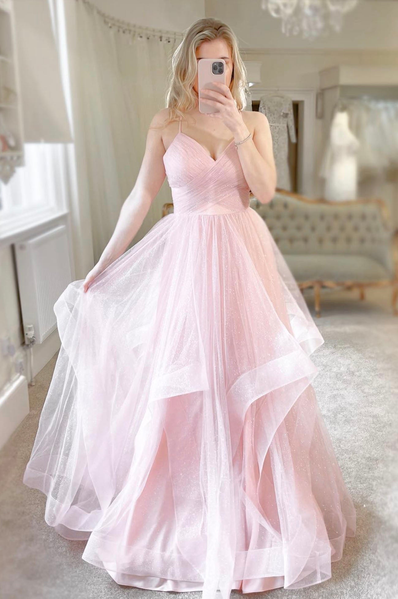 Erin | Pink Tulle Long A-Line Prom Dress Pink V-Neck Graduation Dress