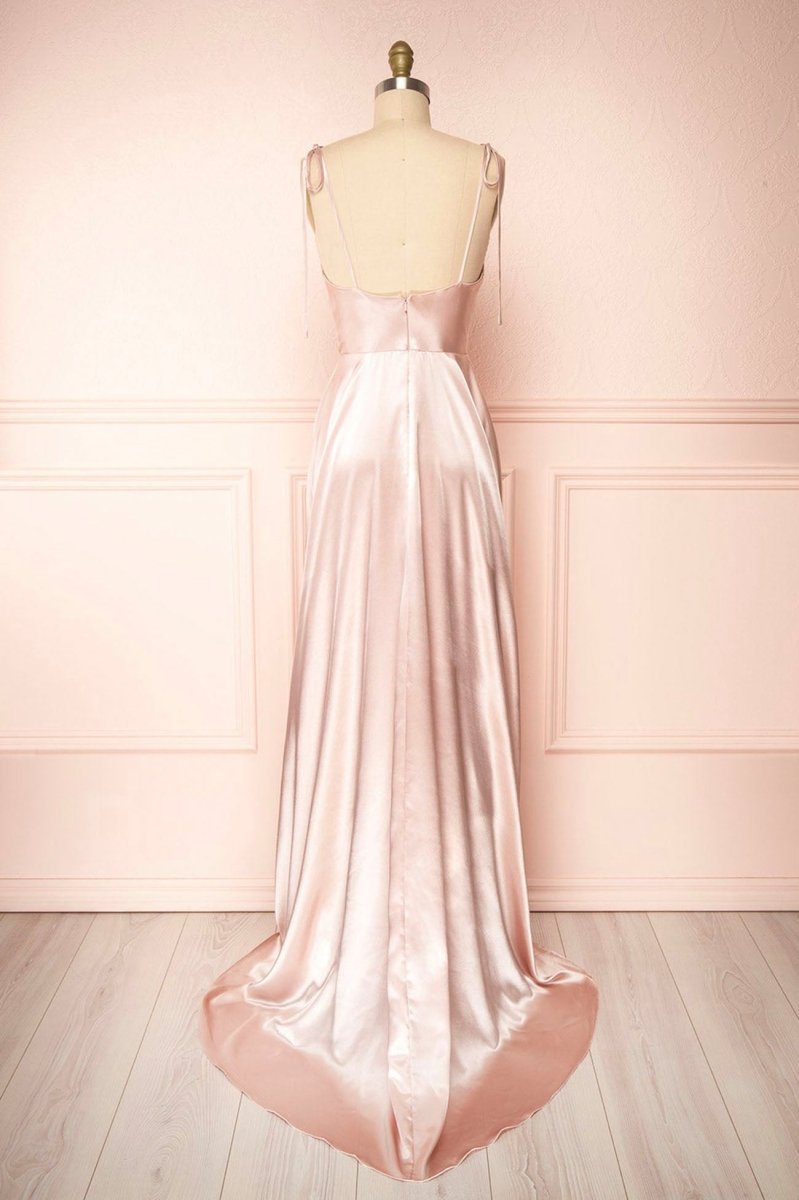Vienna | Simple Satin Long A - Line Prom Dress Spaghetti Straps Evening Dress - KissProm