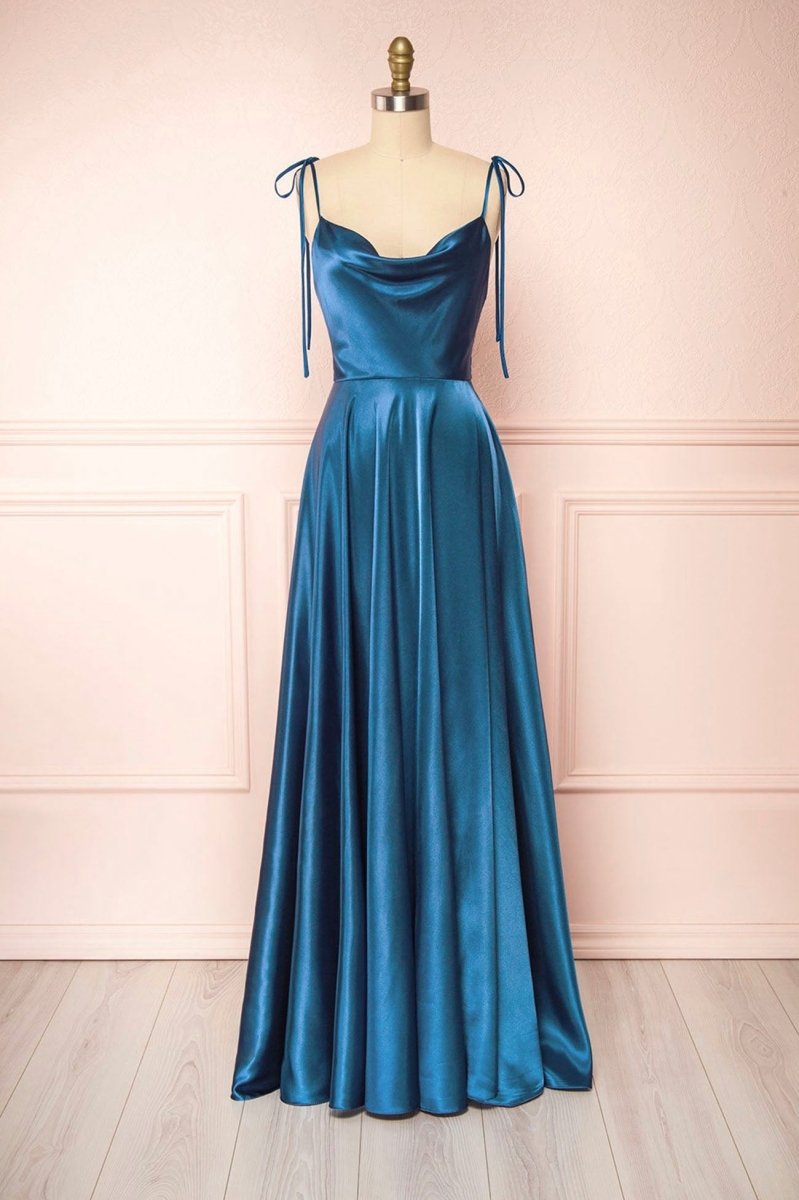 Vienna | Simple Satin Long A - Line Prom Dress Spaghetti Straps Evening Dress - KissProm