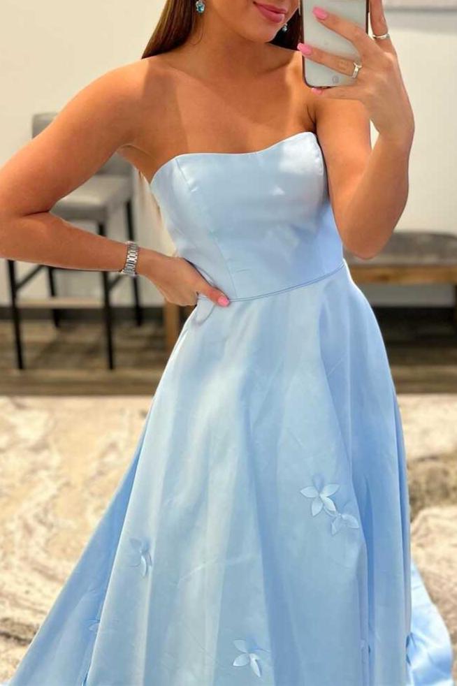 3D Flower Light Blue Strapless A - Line Prom Dress - KissProm
