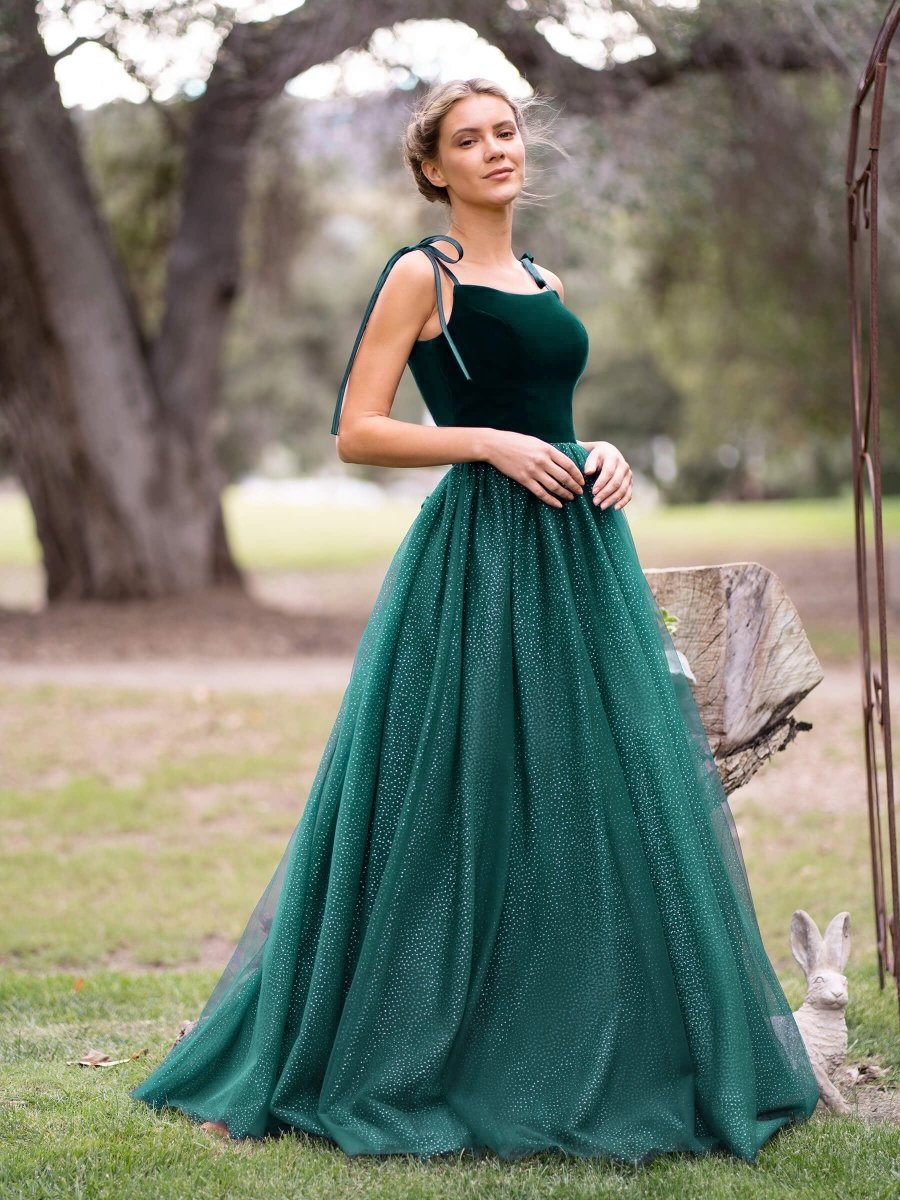 Spagatti Straps Velvet Tulle Floor Length Prom Dress Green / 2 Spagatti Straps Velvet Tulle Floor Length Prom Dress Green / 2