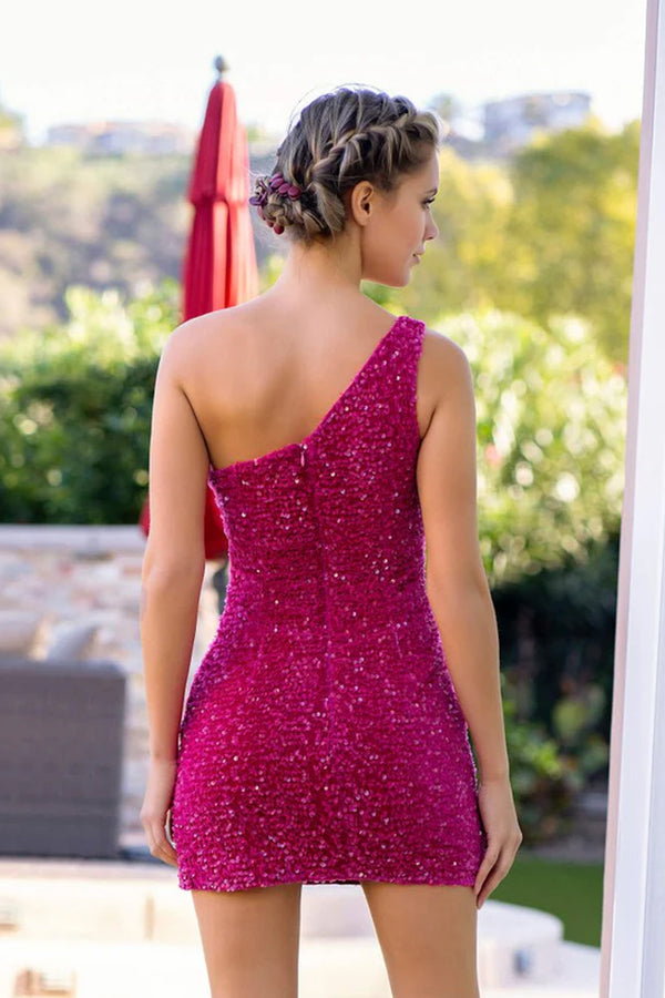 Blue Bodycon One Shoulder Sequins Mini Party Dresses