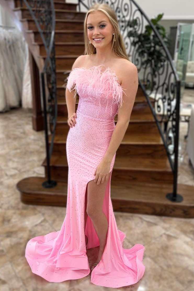 Pink Beaded Feather Strapless Lace - Up Mermaid Long Prom Dress - KissProm