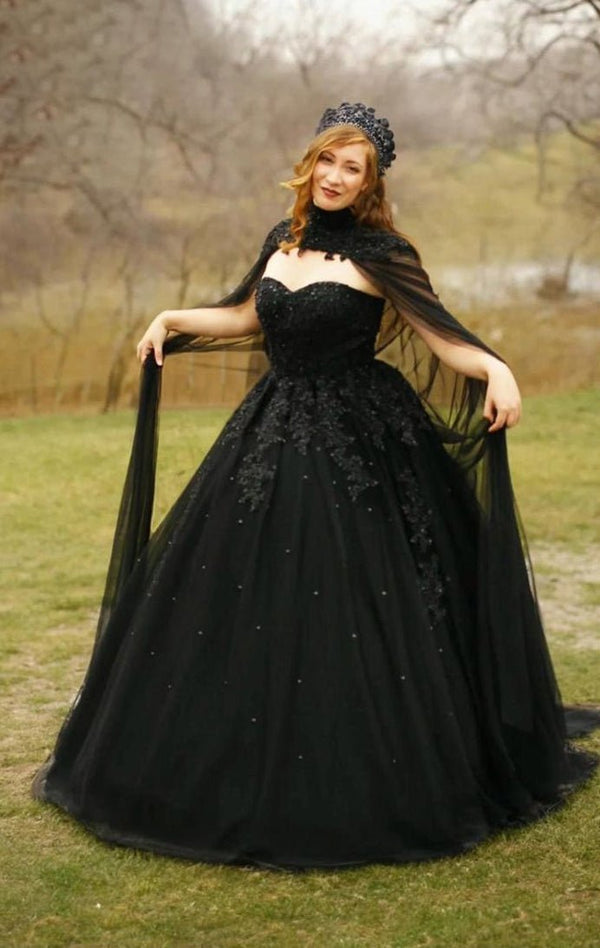 2024 New Black Crystals Appliques Tulle Sweetheart Long Wedding Dresses