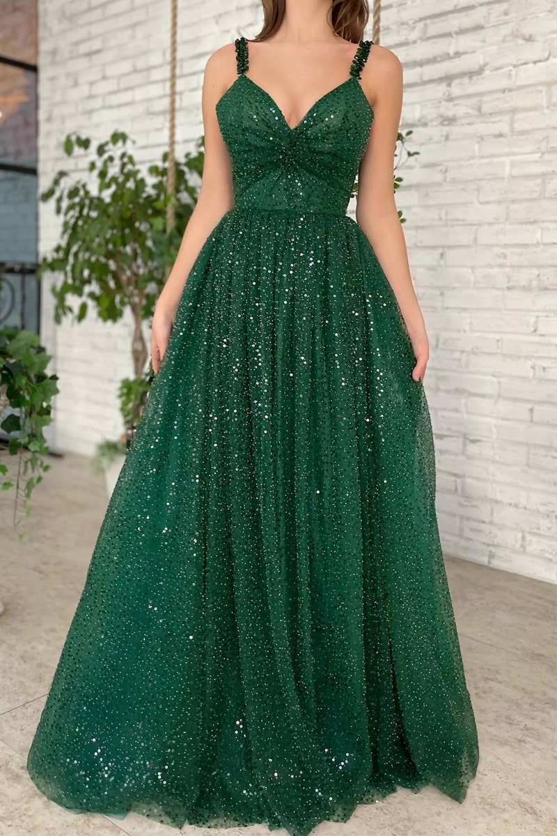 Freyja | A - line V Neck Long/Floor - Length Tulle Sparkling Prom Dress With Beading Sequins Glitter - KissProm