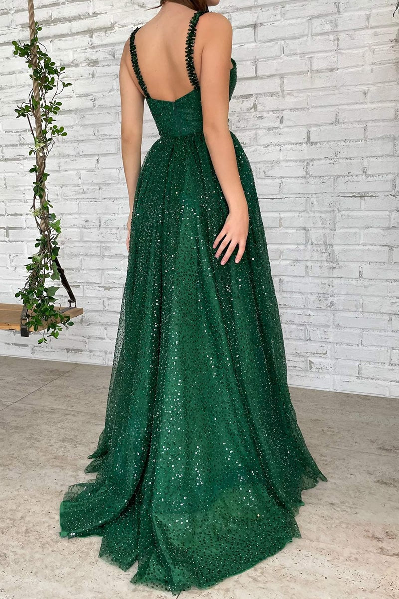 Freyja | A-line V Neck Long/Floor-Length Tulle Sparkling Prom Dress With Beading Sequins Glitter