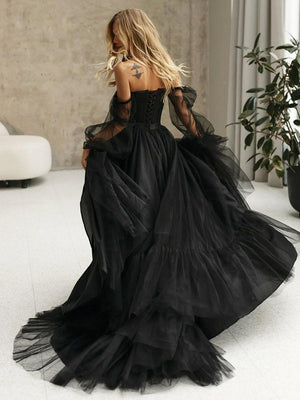 Mirabella | Black Corset A - Line Long Sleeves Wedding Dresses With Off - The - Shoulder - KissProm