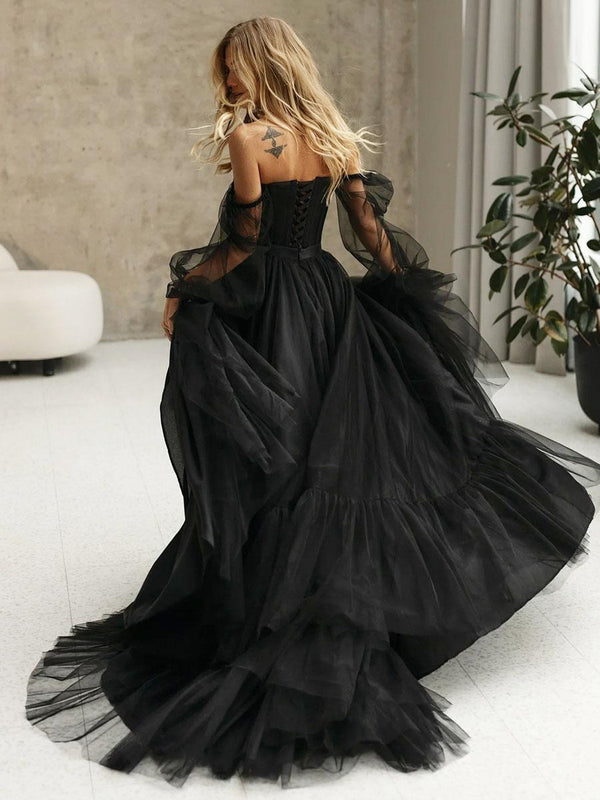 Mirabella | Black Corset A - Line Long Sleeves Wedding Dresses With Off - The - Shoulder - KissProm